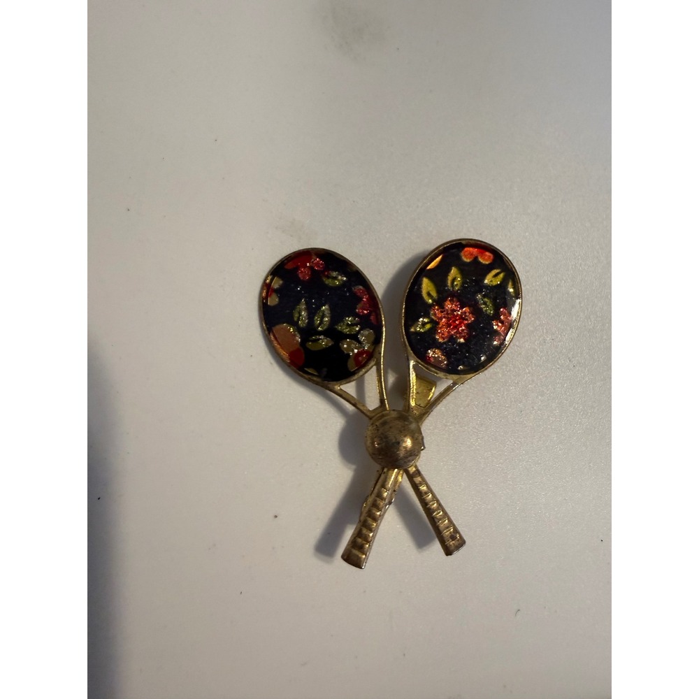 Vintage Gold Tone Crossed Tennis Rackets Floral Enamel Brooch Pin Sporty Novelty